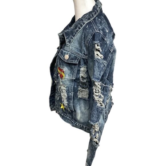 DAZI Grunge Girl Gang Jean Jacket 2X - Ripped, Patches, Distressed, 80s Vintage - Picture 2 of 7
